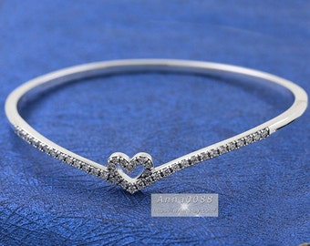 925 Silver Plated Heart with Rose Flower Bracelet Bangle Women jewelry UK Seller 