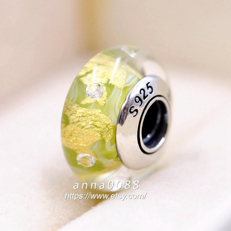 TOP 925 Sterling Silver Handmade Glass Shiny Yellow Green With Clear CZ Murano Glass Charm Beads Fits All European DIY Bracelets Necklaces