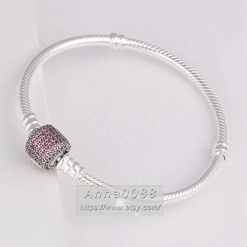 S925 Silver Signature Clasp with Fancy Pink CZ Snake Chain Classic Bracelet Fit DIY Jewelry European Charm Beads
