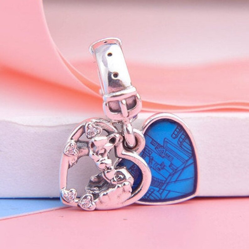 2020 Valentine Release Disn ey Lady and the Tramp Heart Dangle Charm with Enamel /& Cubic zirconia Pendant Charm Fits DIY Bracelets Necklaces
