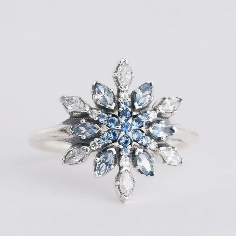 925 Sterling Silver Crystalized Snowflake with Blue Crystals /& Clear CZ Ring For Woman Jewelry Finger Ring