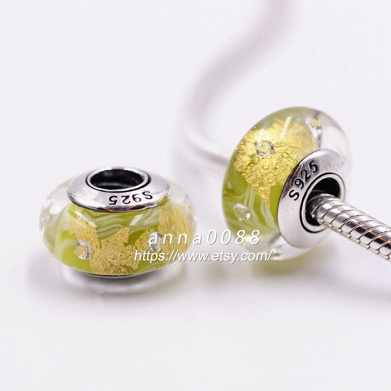 TOP 925 Sterling Silver Handmade Glass Shiny Yellow Green With Clear CZ Murano Glass Charm Beads Fits All European DIY Bracelets Necklaces
