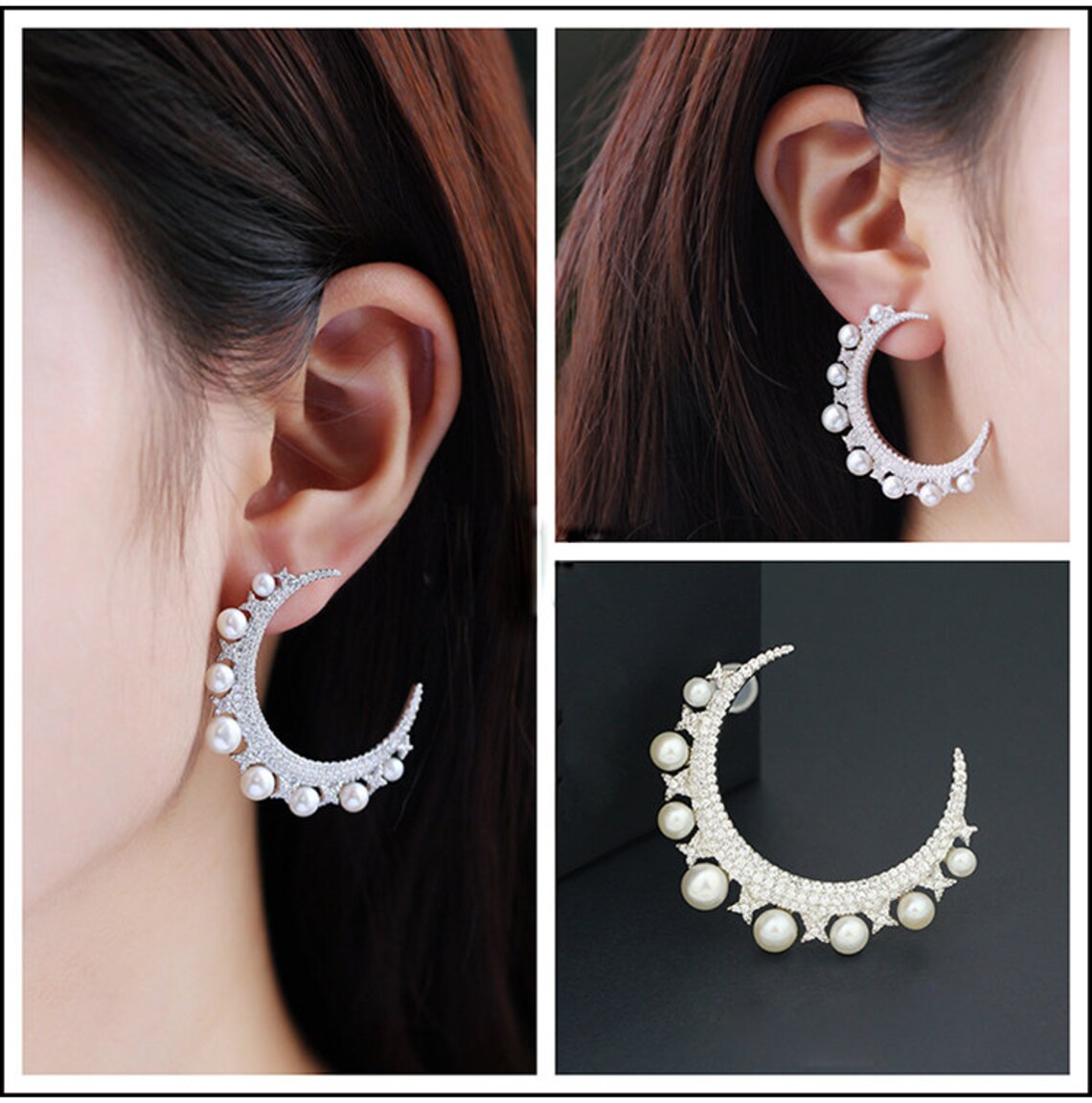 Sterling Silver Mono Silver Moon Earring With Multi Pearls and Etsy