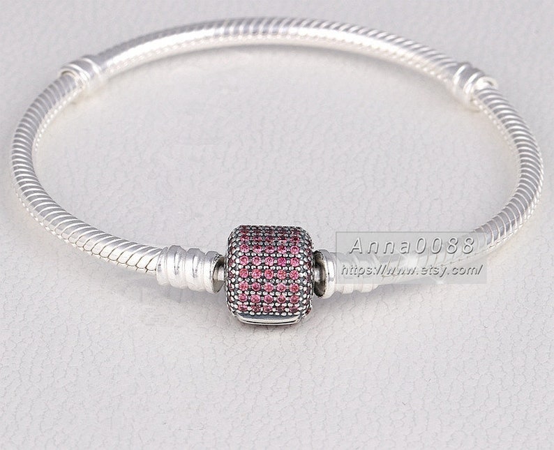 S925 Silver Signature Clasp with Fancy Pink CZ Snake Chain Classic Bracelet Fit DIY Jewelry European Charm Beads