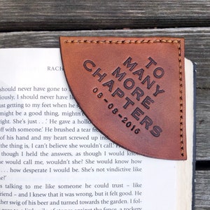 Personalized Tan Leather Corner Bookmark Custom Message Lettering Leather Anniversary For Him or Her Valentine's Day Romantic Gift image 1