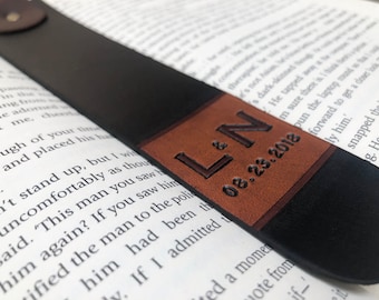 Personalized Initials and Date Leather Bookmark - Custom Letters - 3rd Anniversary Leather - Valentine's Day Reader Present - Bookworm Gift