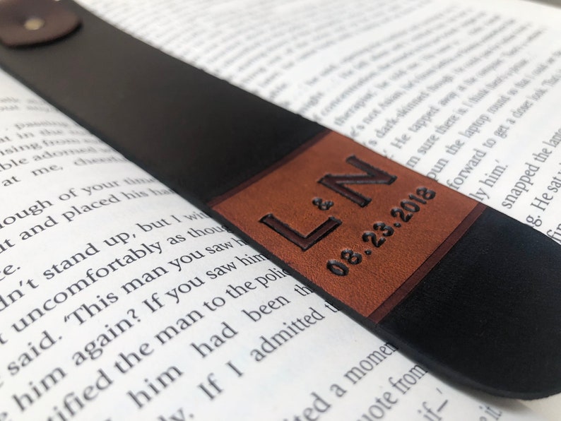 Personalized Initials and Date Leather Bookmark Teacher Gift 3rd Anniversary Leather Father's Day Mother's Day Bookworm Gift image 1