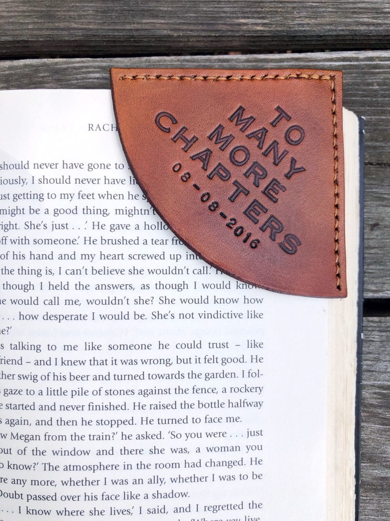 Personalized Tan Leather Corner Bookmark Custom Message Lettering Leather Anniversary For Him or Her Valentine's Day Romantic Gift image 1