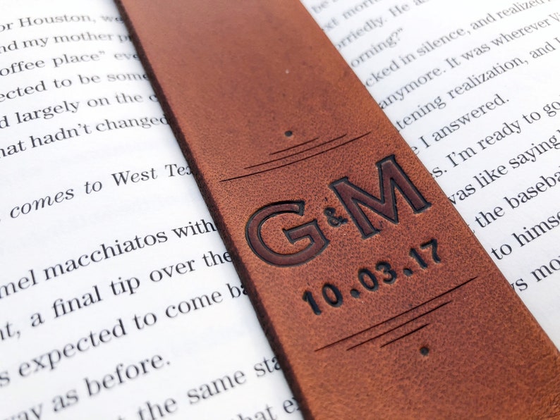 Personalized Initials and Date Leather Bookmark Teacher Gift 3rd Anniversary Leather Father's Day Mother's Day Bookworm Gift image 2