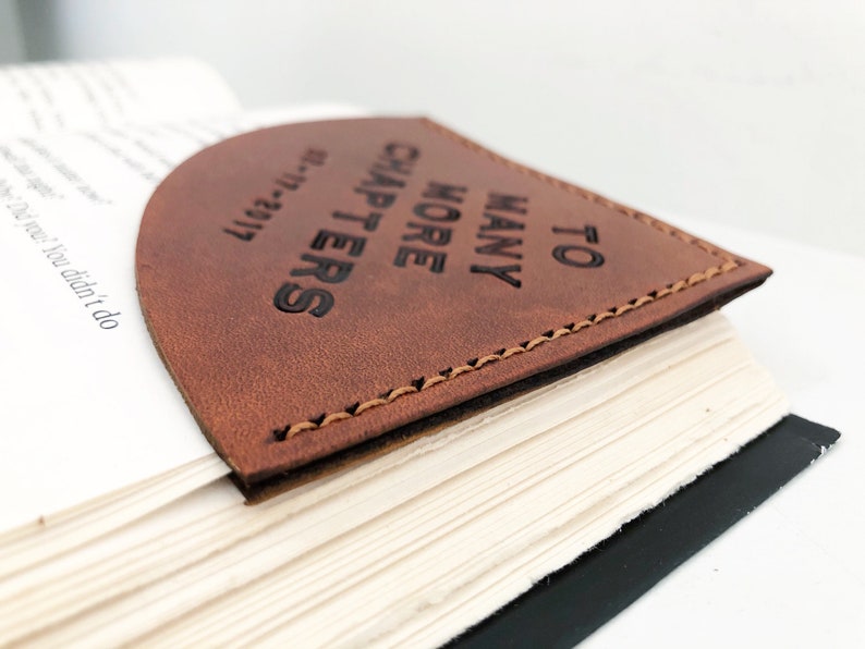 Personalized Tan Leather Corner Bookmark Custom Message Lettering Leather Anniversary For Him or Her Valentine's Day Romantic Gift image 8