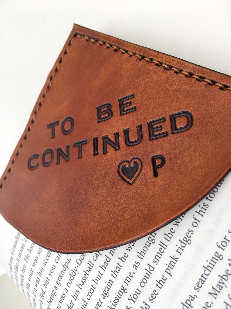 Personalized Tan Leather Corner Bookmark Custom Message Lettering Leather Anniversary For Him or Her Valentine's Day Romantic Gift image 2