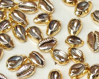 10 Small Gold Plated Cowrie Shell Connector, No Loops, Natural Seashell Pendant, Money Shell, Sea shell - Beach, Pendant, Boho - 13-16mm