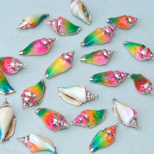 May include: A collection of colorful seashell charms. Each shell is painted with a gradient of colors, including pink, green, yellow, and blue, and has a silver-colored metal cap and loop for attaching to jewelry or other crafts.