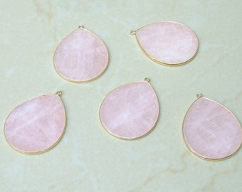 Rose Quartz Pendant, Gemstone Pendant, Quartz Thin Slice Pendant, Polished Quartz, Teardrop, Gemstone Beads, Gold Bezel & Bail, 32mm x 38mm