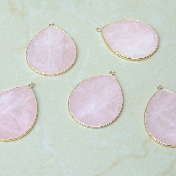 Rose Quartz Pendant, Gemstone Pendant, Quartz Thin Slice Pendant, Polished Quartz, Teardrop, Gemstone Beads, Gold Bezel & Bail, 32mm x 38mm