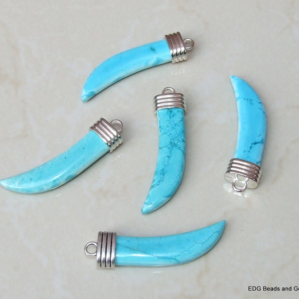 Turquoise Blue Howlite Tusk Pendant - Horn Tusk Spike Pendant - 10mm x 15mm x 55mm - Silver Cap