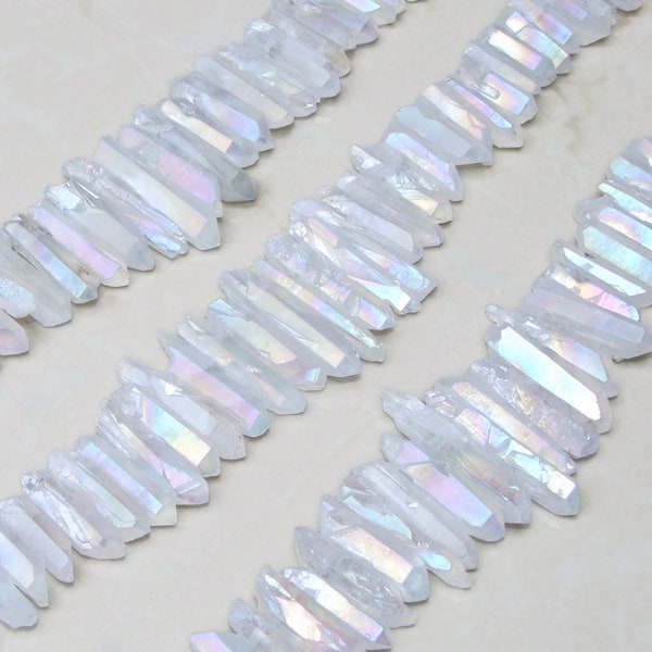 Clear AB Titanium Quartz Cluster Point, Angel Aura Points Strand, Raw Quartz Points Drilled, Quartz Crystals Points Strand of Beads 20-40mm