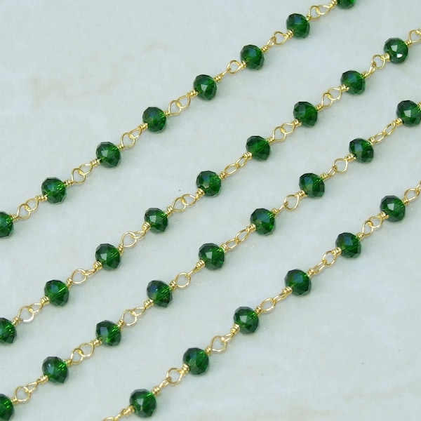 Dark Emerald Green Glass Rosary Chain, Bulk Chain, Rondelle Glass Beads, Beaded Chain, Body Chain Jewelry Chain, Gold Chain, Belly Chain 6mm