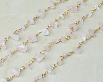 Rose Quartz Rosary Chain - Gold Plated Wire Wrapped Rosary Chain.  2mm x 4mm to 5mm x 13mm - Sold by the Foot