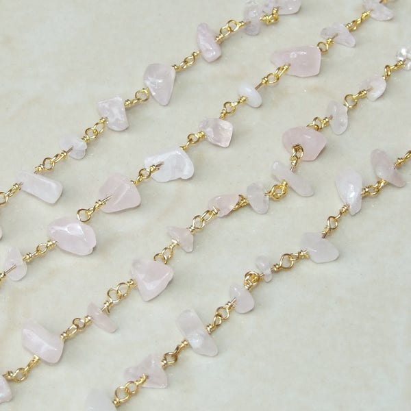 Rose Quartz Rosary Chain - Gold Plated Wire Wrapped Rosary Chain.  2mm x 4mm to 5mm x 13mm - Sold by the Foot