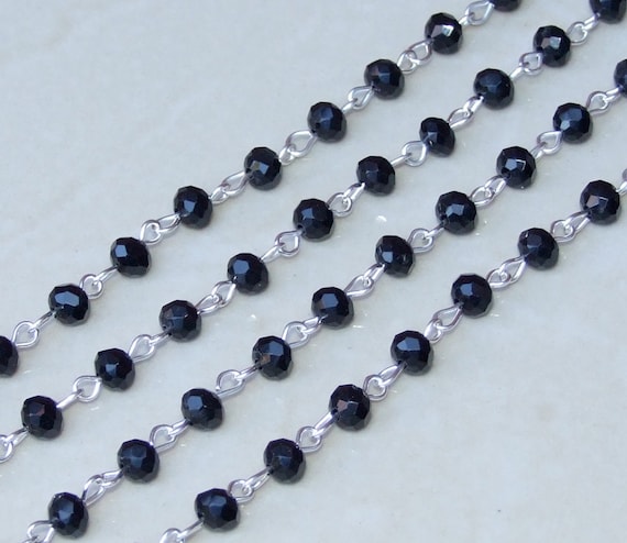 Jet Black Glass Rosary Chain 1 Meter Silver Chain Bulk Chain