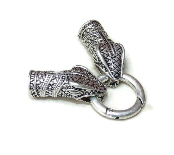 Snake Head Cord End Cap Clasp Lock Ring Silver Tone Dragon Head