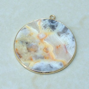 Crazy Lace Agate Pendant, Gemstone Pendant, Mexican Agate, Thin Agate Slice, Polished Agate, Round, Gold Bezel, Jewelry Stones, 30mm