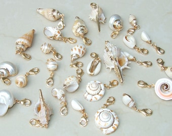 May include: A collection of various natural seashells attached to gold-toned metal lobster claw clasps. The assortment includes spiral, cone, and cowrie shells in shades of white, cream, and tan, each featuring a metallic fastener for attachment.