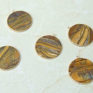 Tiger Eye Pendant, Gemstone Pendant, Thin Slice Pendant, Highly Polished, Round, Gold Bezel, Jewelry Necklace Pendant, 30mm