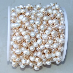 White Freshwater Pearl Rosary Chain, Wire Wrapped Chain, Natural Freshwater Pearls - Potato Shaped Pearls - 6-7mm & 7-8mm - By the Foot