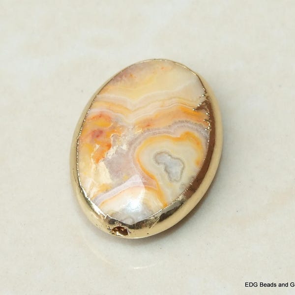 White Crazy Lace Agate Faceted Oval Bead - Gold Plated Edge - Mexican Agate - Center Drilled - Agate Slab Bead - 18mm x 25mm - 0146