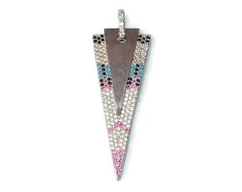 CLOSE OUT  Micro Pave Pendant - Pave Charm - Pave Diamond, Pave Cubic Zirconia Crystals, CZ - Rhinestone - Triangle - Silver - 18mm x 50mm