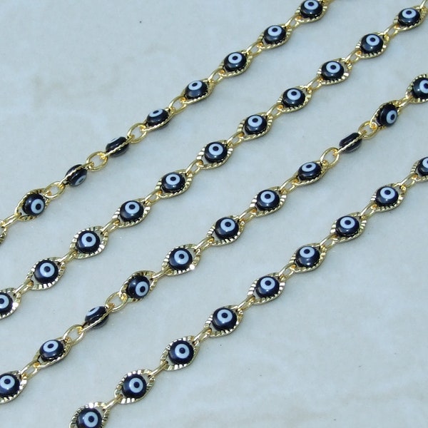 Black Glass Evil Eye Rosary Chain, Bulk Chain, Marquee Bead, Beaded Chain, Body Chain Jewelry, Gold Chain, Necklace Chain, Belly Chain