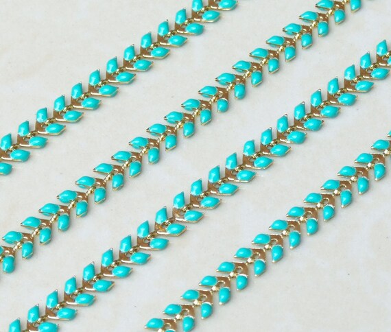 Turquoise Blue Enamel Chain, Gold Plated Fish Bone Chain, Chevron Chain, Necklace Chain, Bulk Chain, Jewelry Making, Body Chain, Belly Chain