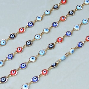 Multi-color Glass Evil Eye Rosary Chain, Bulk Chain, Marquee Bead, Beaded Chain, Body Chain Jewelry, Gold Chain, Necklace Chain, Belly Chain