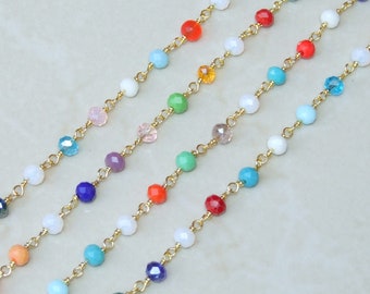 Catena del rosario in vetro multicolore, catena sfusa, perline di vetro rondelle, catena di perline, gioielli per il corpo, catena d'oro, catena per collana, catena per pancia