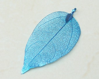 Liquid Metal Leaf Pendant - Large Leaf Pendant - Autumn Leaf - Blue - BOHO - Tribal - 32mm x 66mm - 2256