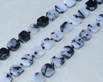 Black Tourmaline and Quartz Slabs, Irregular Square Polished Quartz, Gemstone Beads, Quartz Beads, Rutilated, Half Strand,  17mm x 17mm