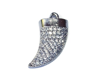 CLOSE OUT Micro Pave Pendant - Pave Charm - Pave Diamond, Pave Cubic Zirconia Crystals, CZ - Rhinestone - Tusk - Silver - 9mm x 14mm