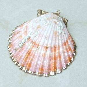 Op de afbeelding: Een schelpenhanger met een goudkleurige rand. De schelp is lichtroze met oranje en witte accenten. De hanger heeft een kleine lus aan de bovenkant om op te hangen.