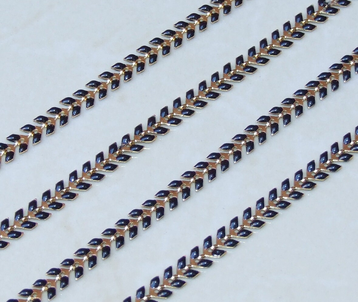 Black Enamel Chain, Gold Plated Fish Bone Chain, Chevron Chain