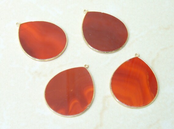 Carnelian Pendant, Gemstone Pendant, Slice Pendant, Gold Plated Bezel and Bail, Tear Drop Pendant, Thin and Polished - 32mm x 38mm