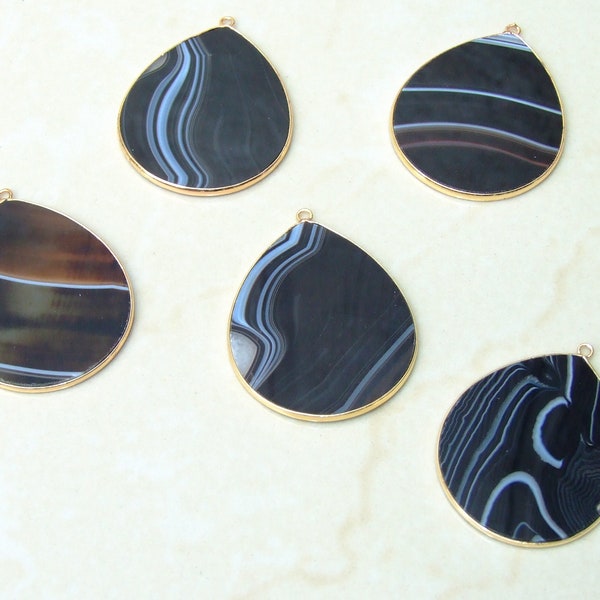 Black Striped Agate Pendant, Gemstone Pendant, Banded Agate, Thin Agate Slice Pendant, Polished Agate, Teardrop, Gold Bezel,  32mm x 38mm