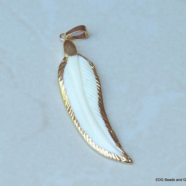 Seashell Pendant, Feather Pendant, White Feather, Gold Plated Edge - Sea Shell - Beach - 14mm x 55mm