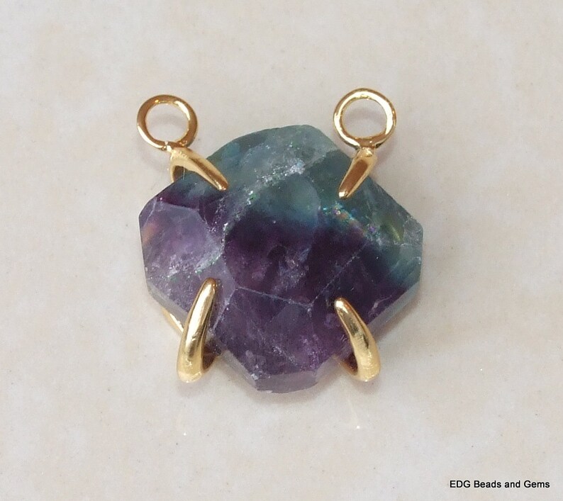 Faceted 3985 14K Gold Plated Cage and Two Loops Fluorite Pendants 22mm x 22mm Raw Purple Green Fluorite Pendant