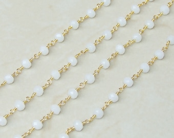 White Opalized Glass Faceted Rondelle Bead Rosary Chain - Gold Plated Wire Wrapped Rosary Chain. 5mm x 6mm Bead - Sold by the Foot