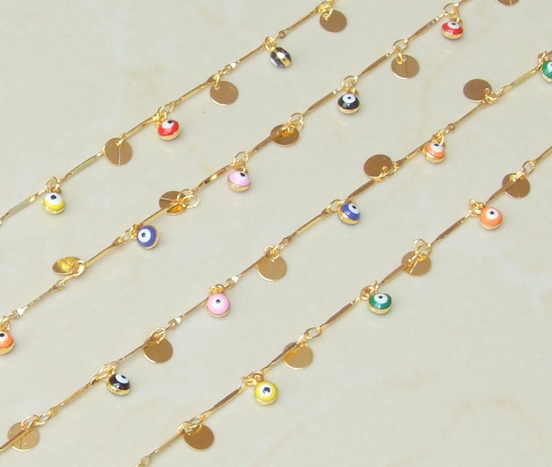 Multi-color Glass Evil Eye Drop Chain, Rosary Chain, Bulk Chain, Beaded Chain, Body Chain Jewelry, Gold Chain, Necklace Chain, Belly Chain