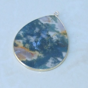 Moss Agate Pendant, Gemstone Pendant, Thin Polished Agate Slice, Teardrop, Gold Bezel, Jewelry Stones, Necklace Pendant, 30mm x 38mm