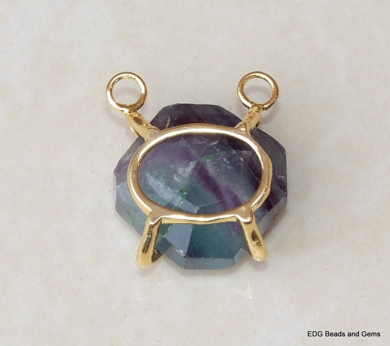 Faceted 3985 14K Gold Plated Cage and Two Loops Fluorite Pendants 22mm x 22mm Raw Purple Green Fluorite Pendant