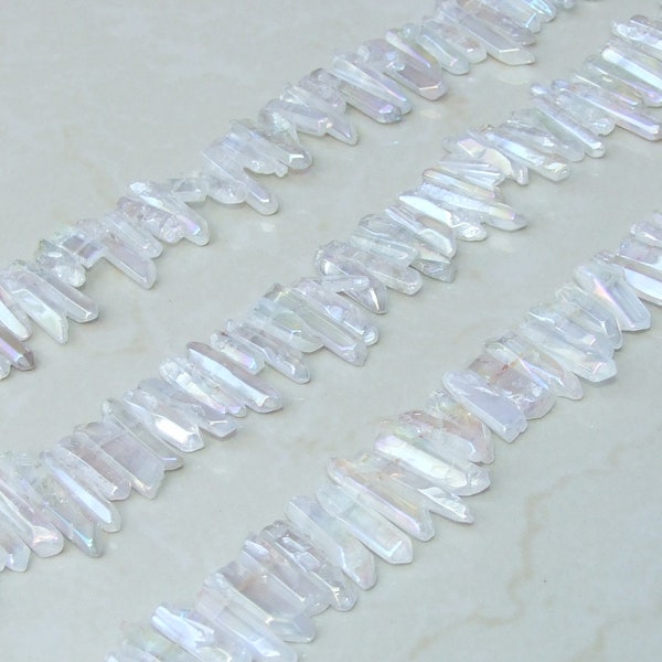 Polished Clear AB Titanium Quartz Cluster Point, Angel Aura Points Strand, Quartz Points Drilled, Quartz Crystals Points Strand, 15-28mm